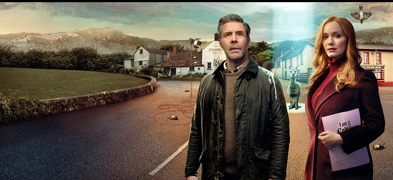 Christina Hendricks and Paddy Considine in Small Town, Big Story, a Sky Original series filmed using virtual production at Ashford Studios, Ireland.