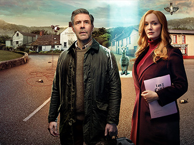 Christina Hendricks and Paddy Considine in Small Town, Big Story, a Sky Original series filmed using virtual production at Ashford Studios, Ireland.
